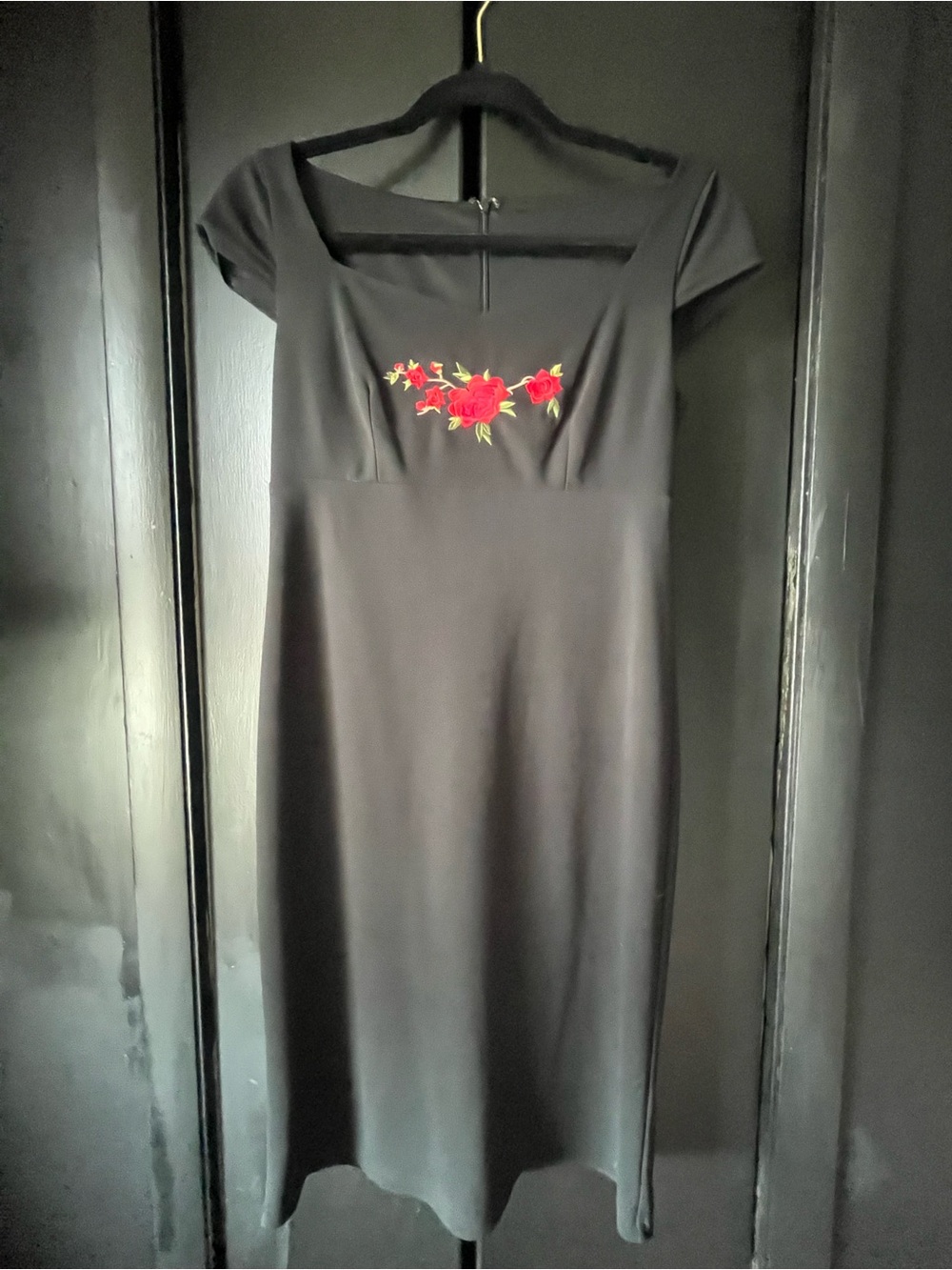Black Dress with Red Floral Embroidery - Women's Elegant Square Neck Dress